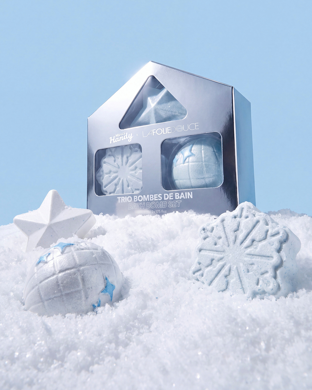 Trio Bombes de Bain x La Folie Douce™ Merci Handy – bombes de bain étoile, boule et flocon dans la neige